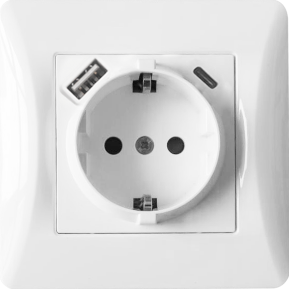 Розетка электрическая 2К+З/2xUSB A/C, 125-250V (белый) 0