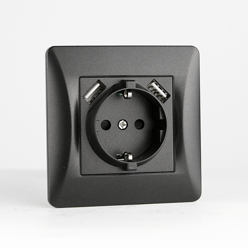 Розетка электрическая 2К+З/2xUSB A, 125-250V (антрацит) 0