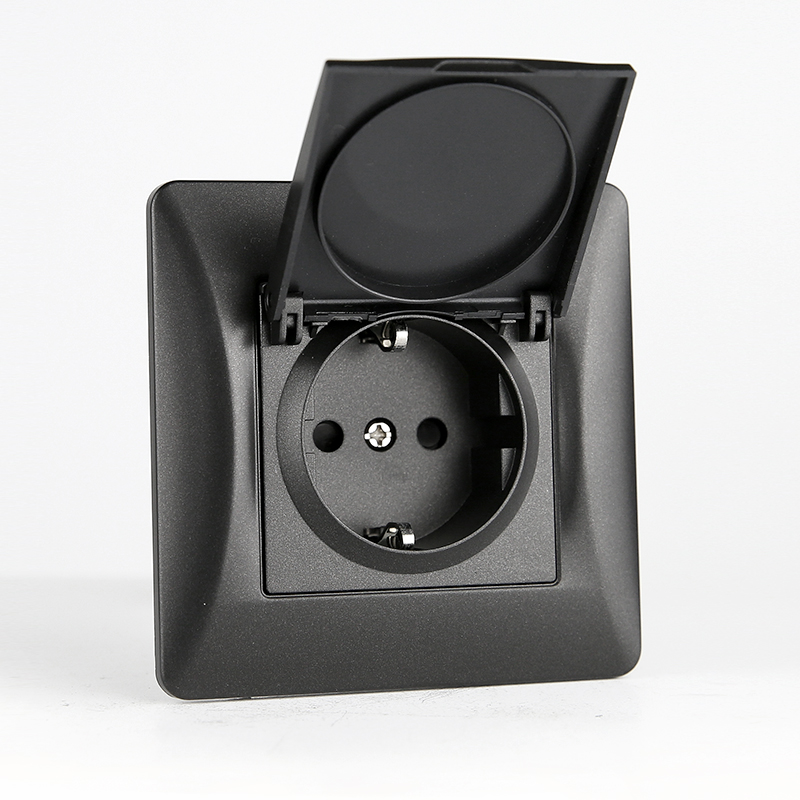 Розетка электрическая 2К+З, с откидной крышкой, 16А, 220-250V (антрацит) 0