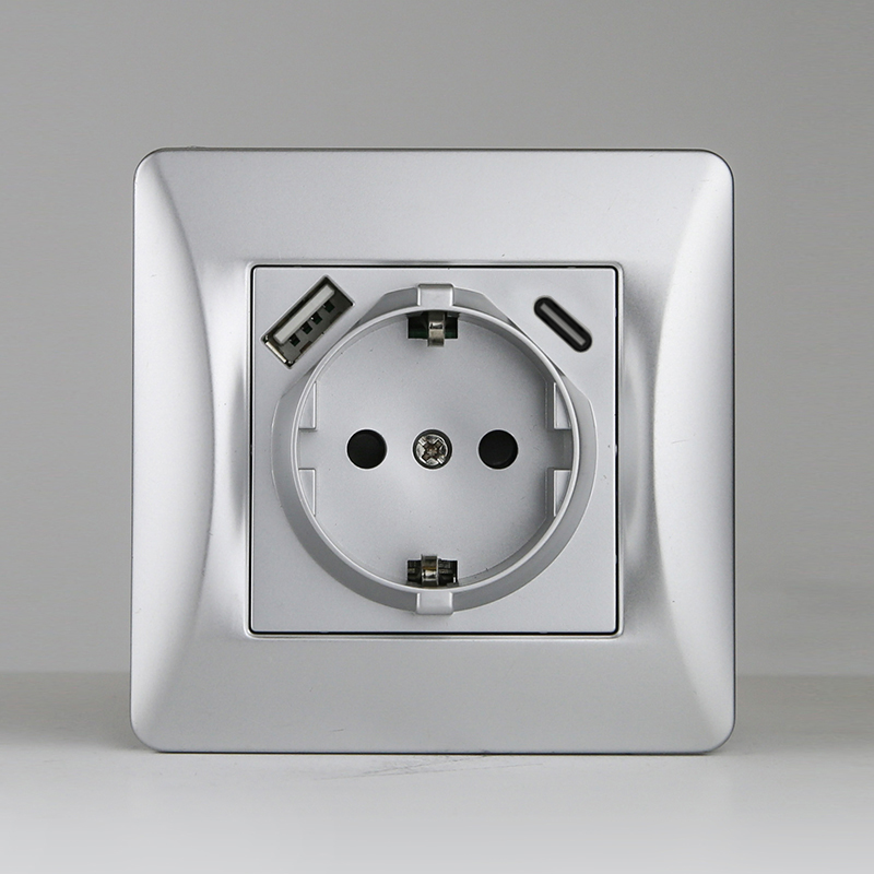 Розетка электрическая 2К+З/2xUSB A/C, 125-250V (серебристый) 0