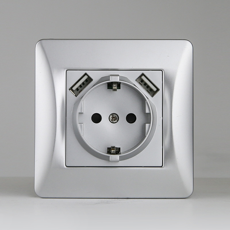 Розетка электрическая 2К+З/2xUSB A, 125-250V (серебристый) 0
